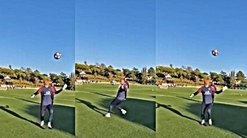 Keylor Navas dominando el balón en un entrenamiento del PSG