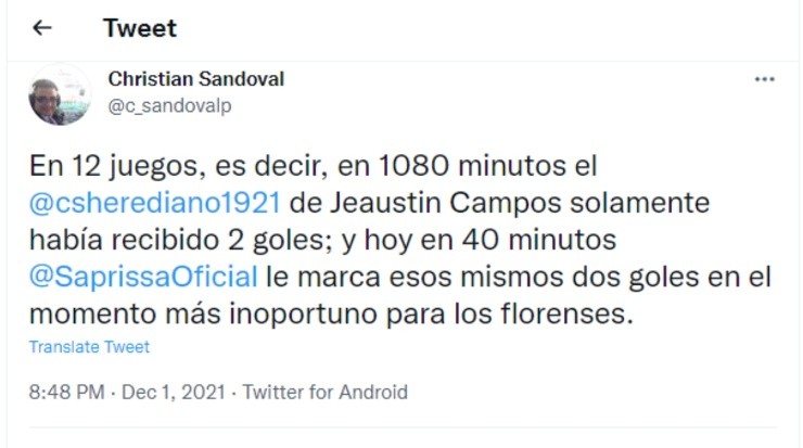 Dato del twitter de Cristian Sandoval