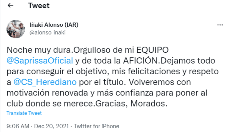 Tuit del estrateg Iñaki Alonso tras perder la final ante Herediano (Iñaki Alonso, Twitter)