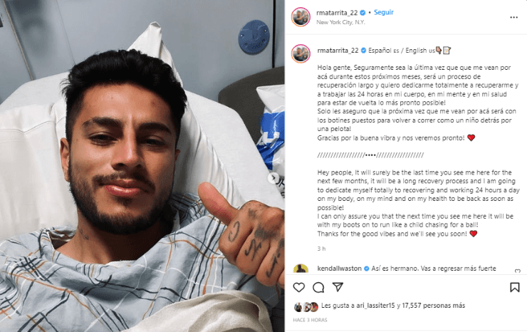 Publicación de Matarrita tras la cirugía (Ronald Matarrita, Instagram)