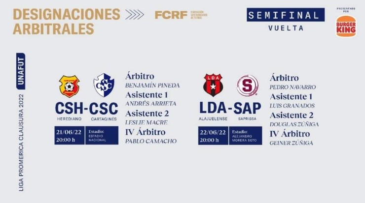 Designaciones arbitrales para partidos de vuelta de semifinales (UNAFUT)