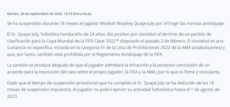 La sanción oficial que recae sobre Wisdom Quaye por doping positivo (Fuente: FIFA)
