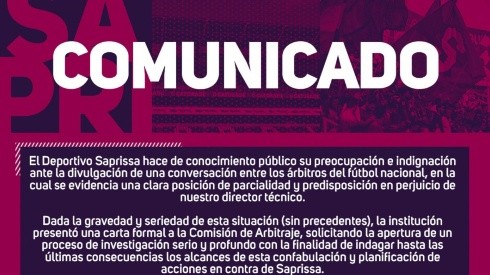 Saprissa pide acciones inmediatas tras las publicaciones en un chat de árbitros (Saprissa)
