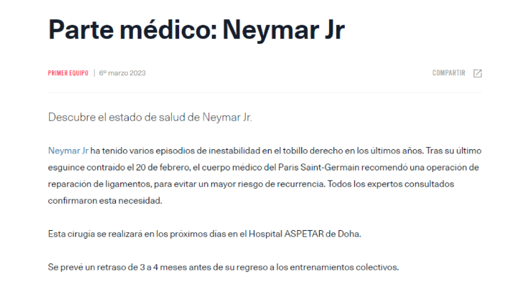 El parte médico oficial sobre la lesión ligamentaria de Neymar, quien será intervenido quirúrgicamente próximamente (Foto: PSG)