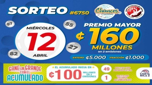 ◉ Chances de Costa Rica de HOY: sorteo, resultados y números ganadores del miércoles 12 de abril | Lotería Costa Rica Premio Mayor ¢160 millones.