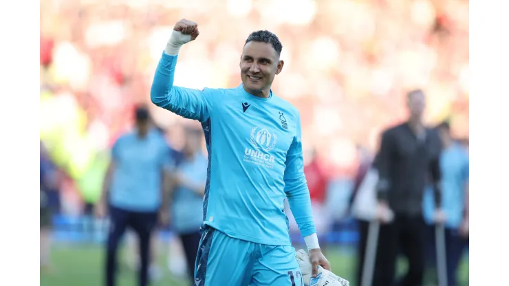 NOTTINGHAM, ENGLAND – MAY 20: Keylor Navas of Nottingham Forest celebrates after the team's victory, which confirms their place in the Premier League for the next season during the Premier League match between Nottingham Forest and Arsenal FC at City Ground on May 20, 2023 in Nottingham, England. (Photo by Catherine Ivill/Getty Images)
