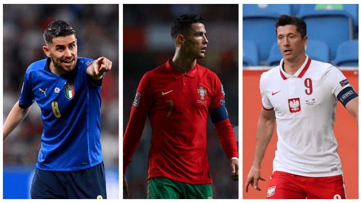 Jorginho, Cristiano Ronaldo y Robert Lewandowski, tres nominados al Balón de Oro que están en el repechaje y podrían perderse el próximo Mundial.