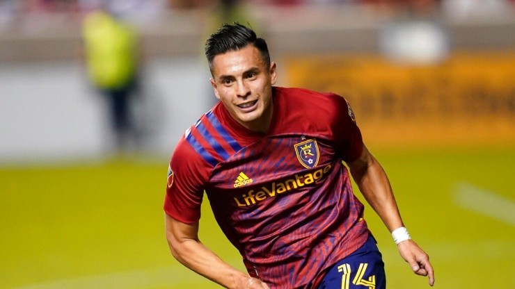 Real Salt Lake forward Rubio Rubin (14) runs in the second half during an MLS soccer match against the Vancouver Whitecaps Wednesday, July 7, 2021, in Sandy, Utah.  (AP Photo/Rick Bowmer)