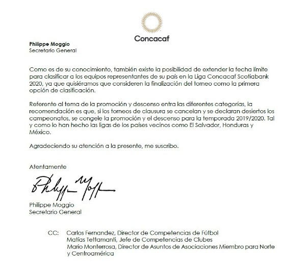 Carta de la Concacaf recomendando suprimir los descensos