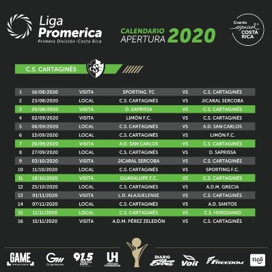 Calendario de Cartaginés para el Apertura 2020 (Fuente: Unafut) Calendario de Cartaginés para el Apertura 2020 (Fuente: Unafut)