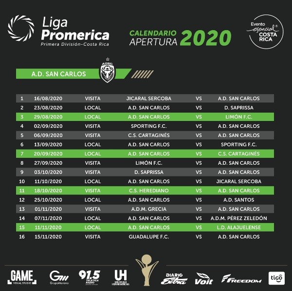 El fixture personalizado de AD San Carlos(Fuente: Unafut)