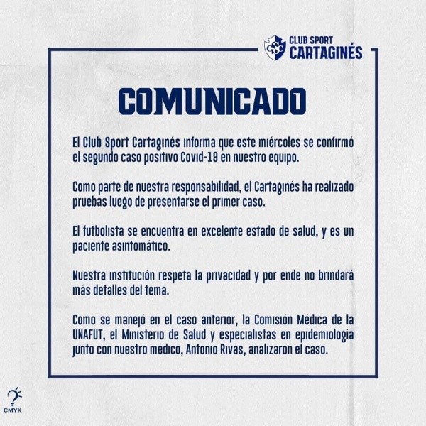 Así informó Cartaginés el segundo caso positivo en su plantilla.