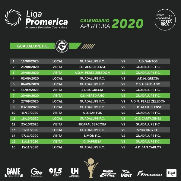 Calendario de Guadalupe en este Apertura 2020 (Fuente: Unafut)