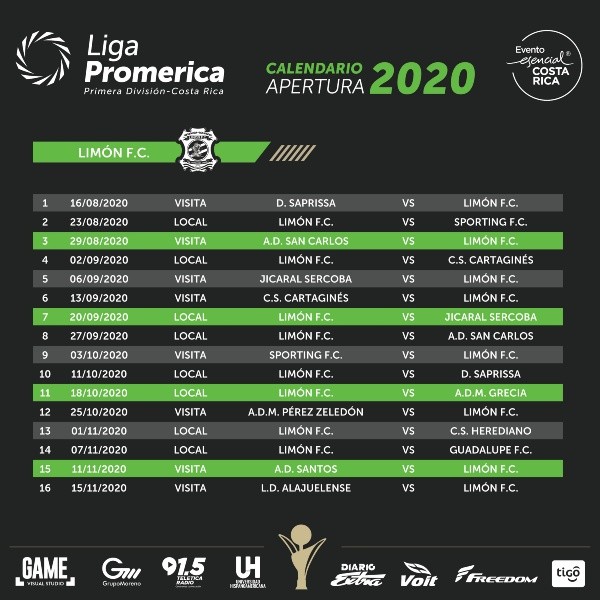Fixture completo y personalizado de Limón FC (UNAFUT).
