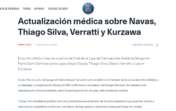 El comunicado del PSG sobre los estudios realizados a Navas. (PSG)