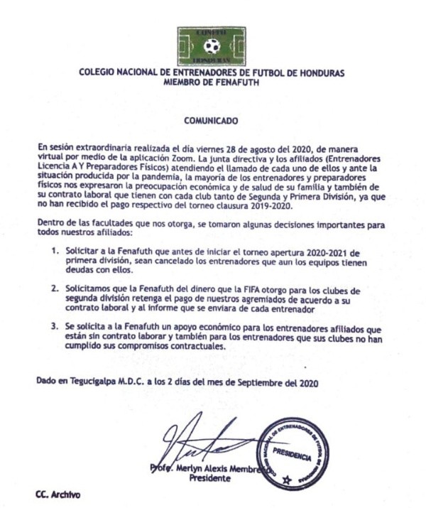 Carta presentada por el Conefh a Fenafuth