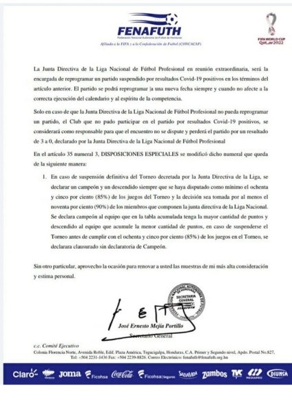 Página del comunicado de Fenafuth donde se observa la decisión respecto al descenso Página del comunicado de Fenafuth donde se observa la decisión respecto al descenso