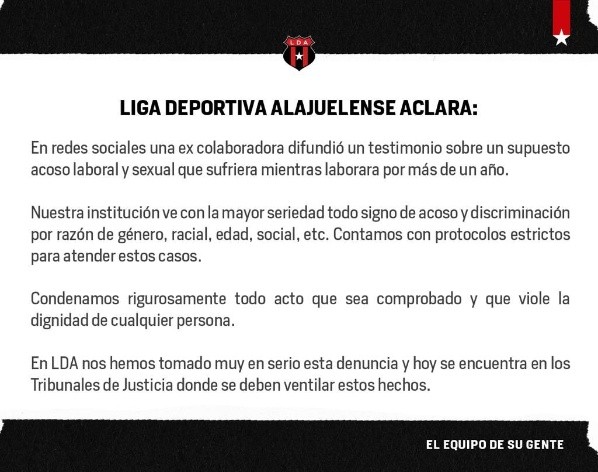 Alajuelense compartió este comunicado en las redes sociales sobre la denuncia.
