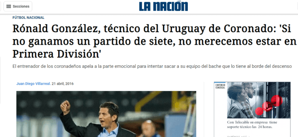 La frase de Ronald González cuando dirigía Uruguay de Coronado. (La Nación)