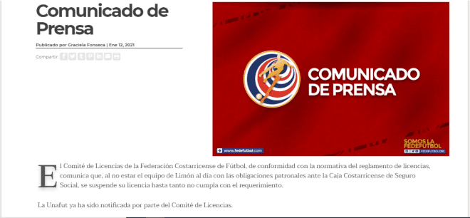 Federación Costarricense de Fútbol suspendió la licencia del Limón / Foto: Fedefutbol