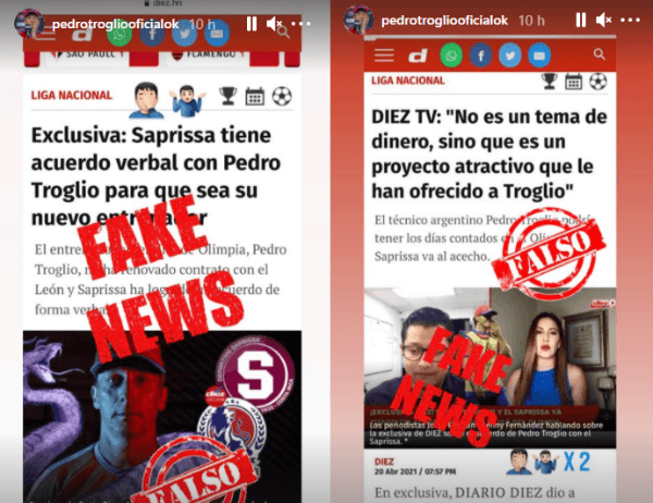 Las historias de Pedro Troglio en Instagram desmintiendo acuerdos con Saprissa