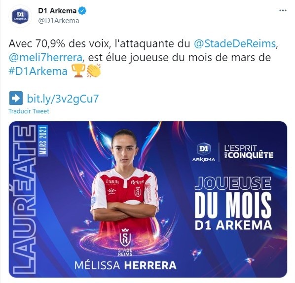 Melissa Herrera, la mejor jugadora de marzo en Francia, también costarricense