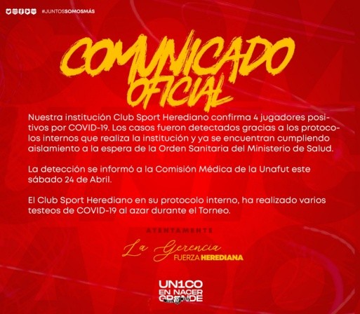 El comunicado de Herediano sobre los casos positivos. (Foto: Twitter Herediano)