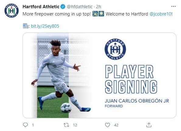 El anuncio oficial del Hartford Athletic en Twitter
