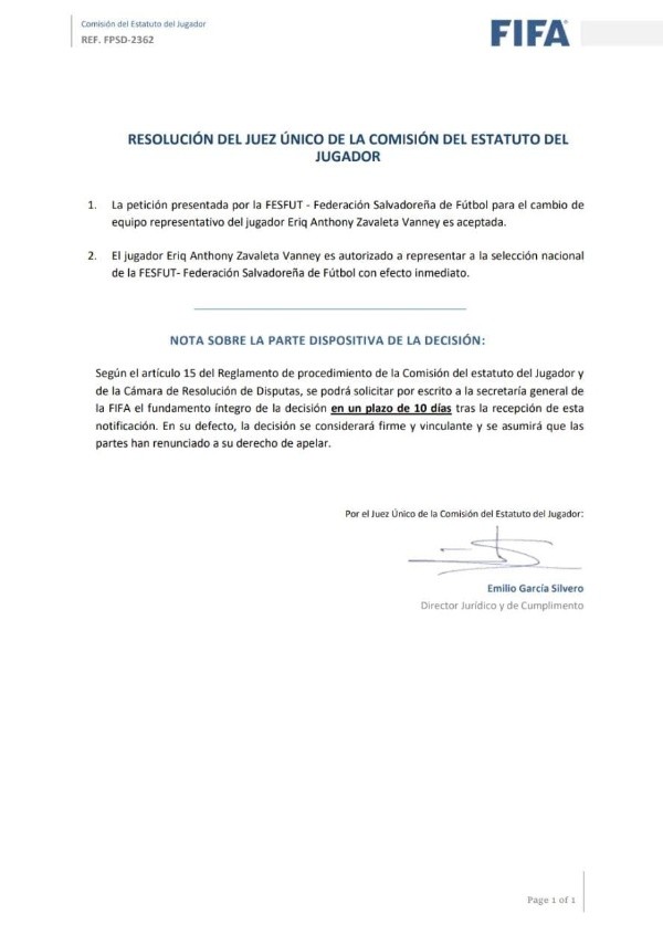 La carta de FIFA autorizando que Zavaleta sea convocado a La Selecta