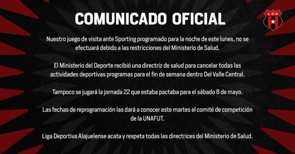 El comunicado oficial de Alajuelense sobre esta situación. (Twitter: @LDAcr)