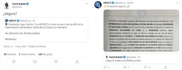 El intercambio entre Yamil Bukele y la FESFUT. (Foto: Twitter)
