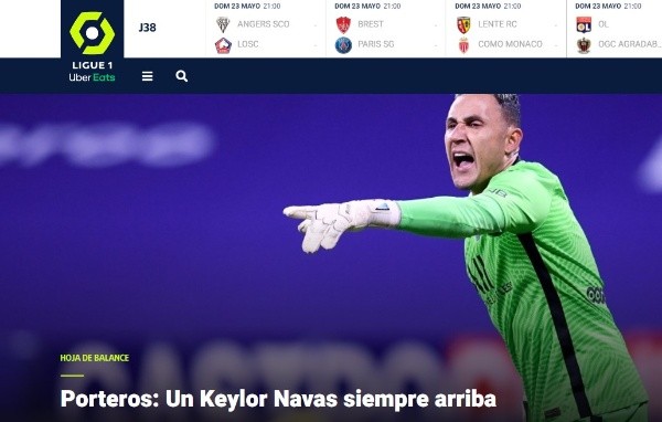 La página oficial de la Ligue 1 anunciando a Keylor Navas como el mejor arquero de la temporada 2020/21