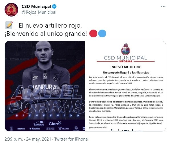Municipal anunciado el fichaje de Anllel Porras