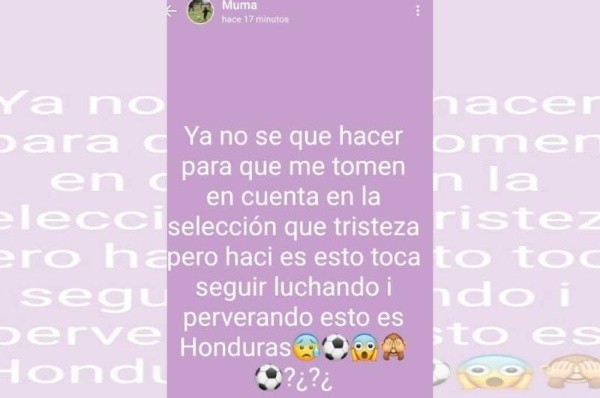 La publicación que realizó Muma Fernández tras no ser convocado. (Whatsapp)