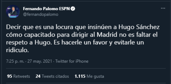 Fernando Palomo y su mensaje para Hugo Sánchez / Twitter Fernando Palomo