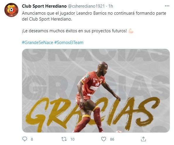 Herediano anunciando la partida de Leandro Barrios.