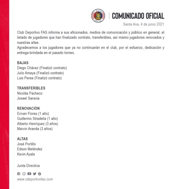El comunicado de FAS anunciando movimientos en el plantel (Fuente: Deportivo FAS)