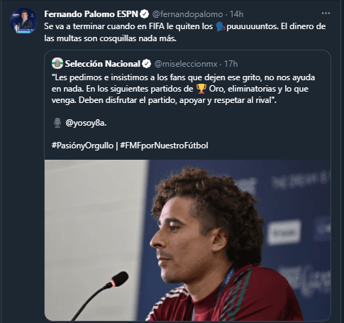 Fernando Palomo le respondió a Guillermo Ochoa / Fernando Palomo Twitter