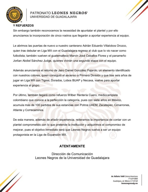 Extracto del comunicado de Leones Negros donde se menciona la incorporación de Marvin Ceballos (Fuente: Leones Negros)