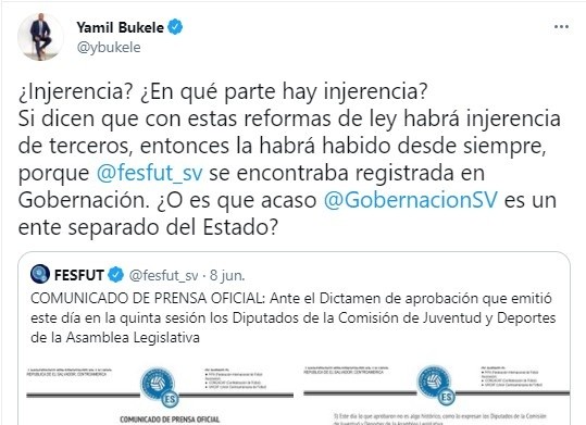 El primer tuit de Yamil Bukele respecto al comunicado de la Fesfut