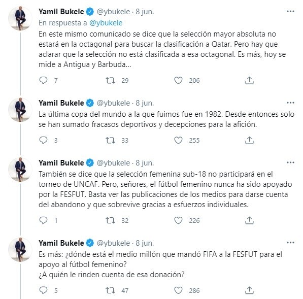 Varios tuits más de Yamil Bukele respondiendo a Fesfut