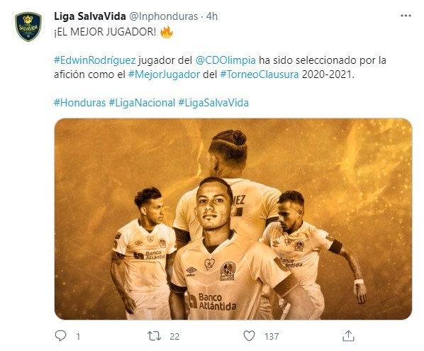 La Liga SalvaVida anunciando a Edwin Rodríguez como el MVP del Clausura 2021