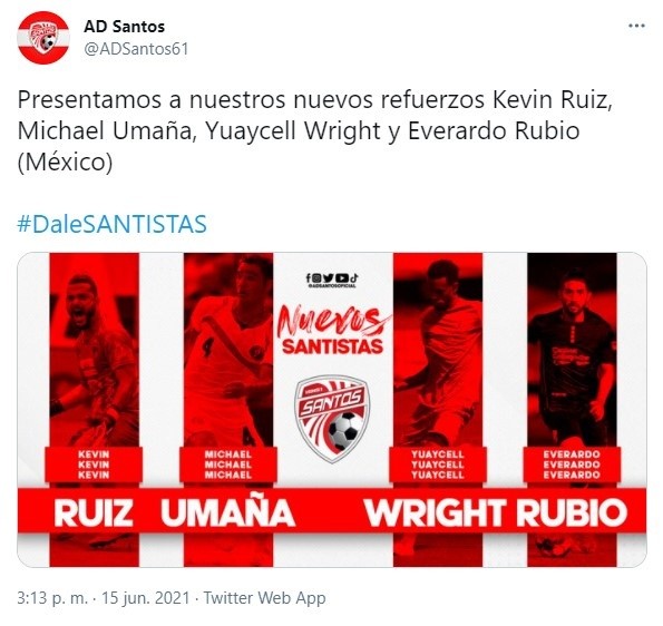 Santos de Guápiles anunciando el fichaje de Michael Umaña