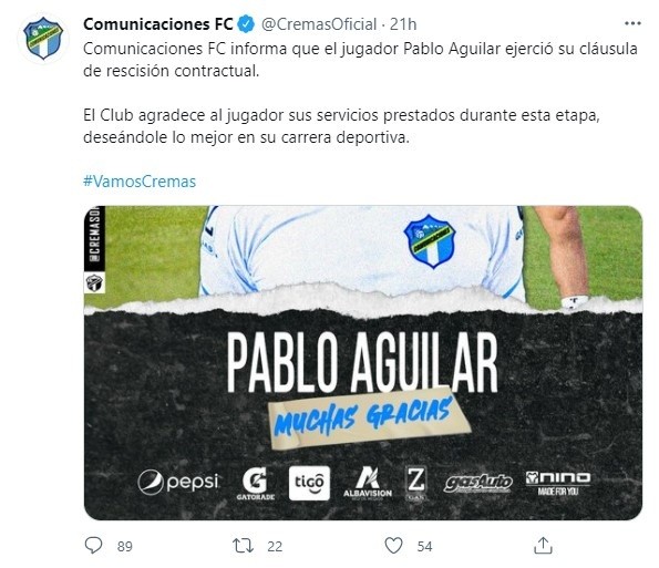 Comunicaciones anunciando la baja de Pablo Aguilar