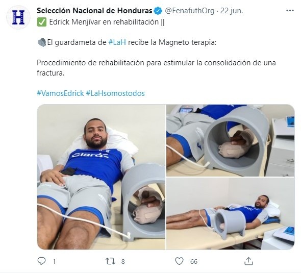 Edrick Menjívar recibiendo magnetoterapia para acelerar su recuperación