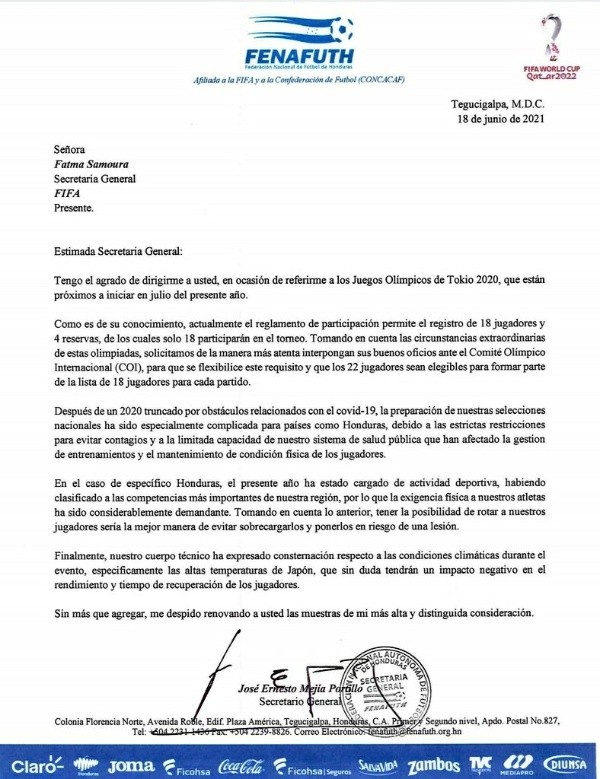 La carta enviada por Fenafuth a la FIFA