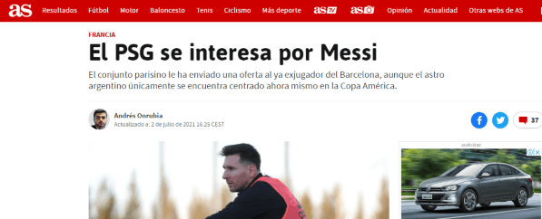 Diario As informó sobre la propuesta del PSG hacía Lionel Messi.