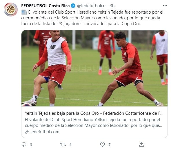 Fedefutbol anunciando la baja de Yeltsin Tejeda