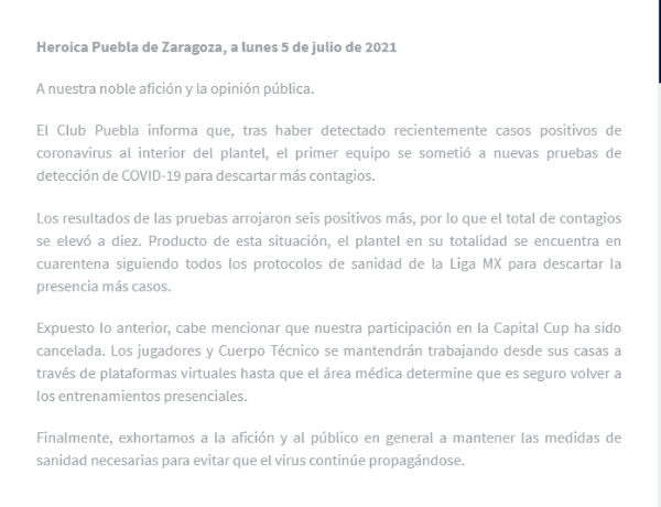 El comunicado que hizo público Puebla en su página oficial.