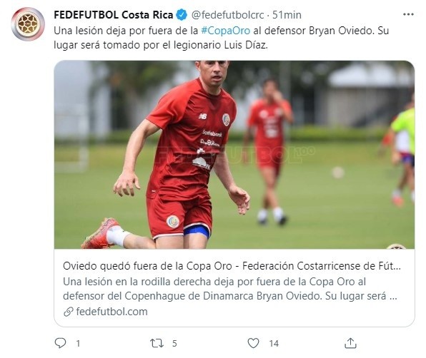 La Fedefutbol anunciando la baja de Bryan Oviedo por lesión